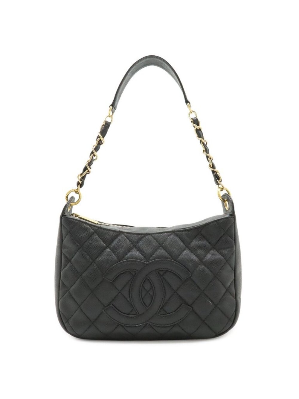Chanel Quilted Chain Shoulder Bag Caviar Leather Black Gold
